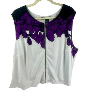 NEW Ashley Stewart Tank Blouse Women Plus 26 28 White Purple Black Flower Zipper